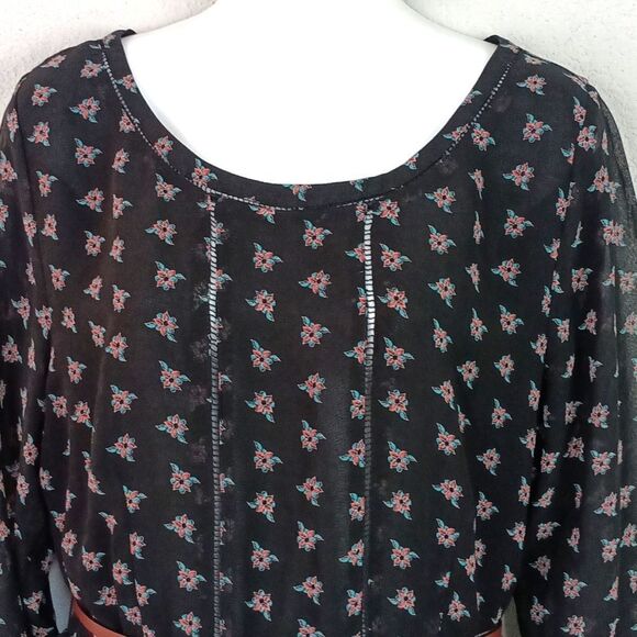 Womens Dark Floral Sheer Long Sleeve Boho Western Mini Dress / Belt sz L - Picture 3 of 14